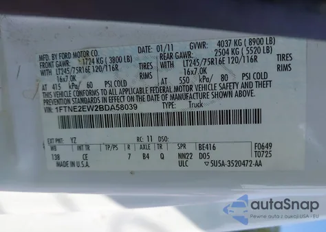 2011 Ford Econoline E250 Van из США, поврежденный, VIN 1FTNE2EW2BDA58039